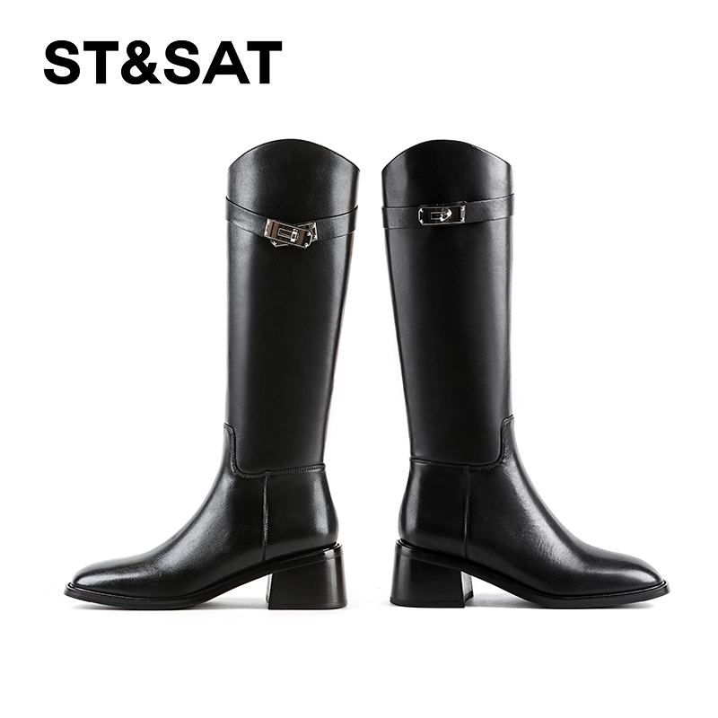 St&Sat/星期六秋冬全牛皮轻奢骑士靴时尚高靴女百搭炸街长靴