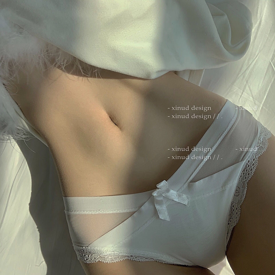 日系性感蕾丝纯欲透明低腰三角裤超薄网纱蝴蝶结辣妹内裤女