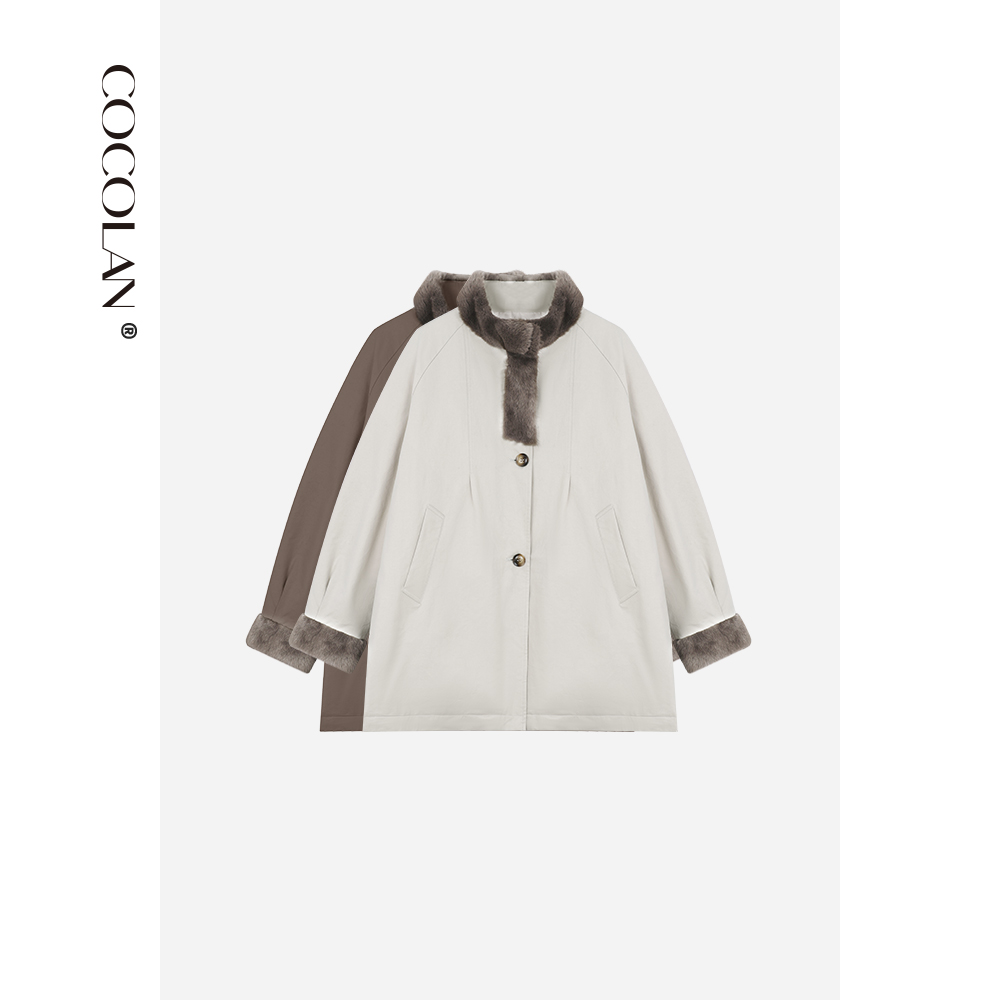 COCOLAN【雾凇】90白鹅绒水貂毛领风衣鹅绒服CL8YR5219