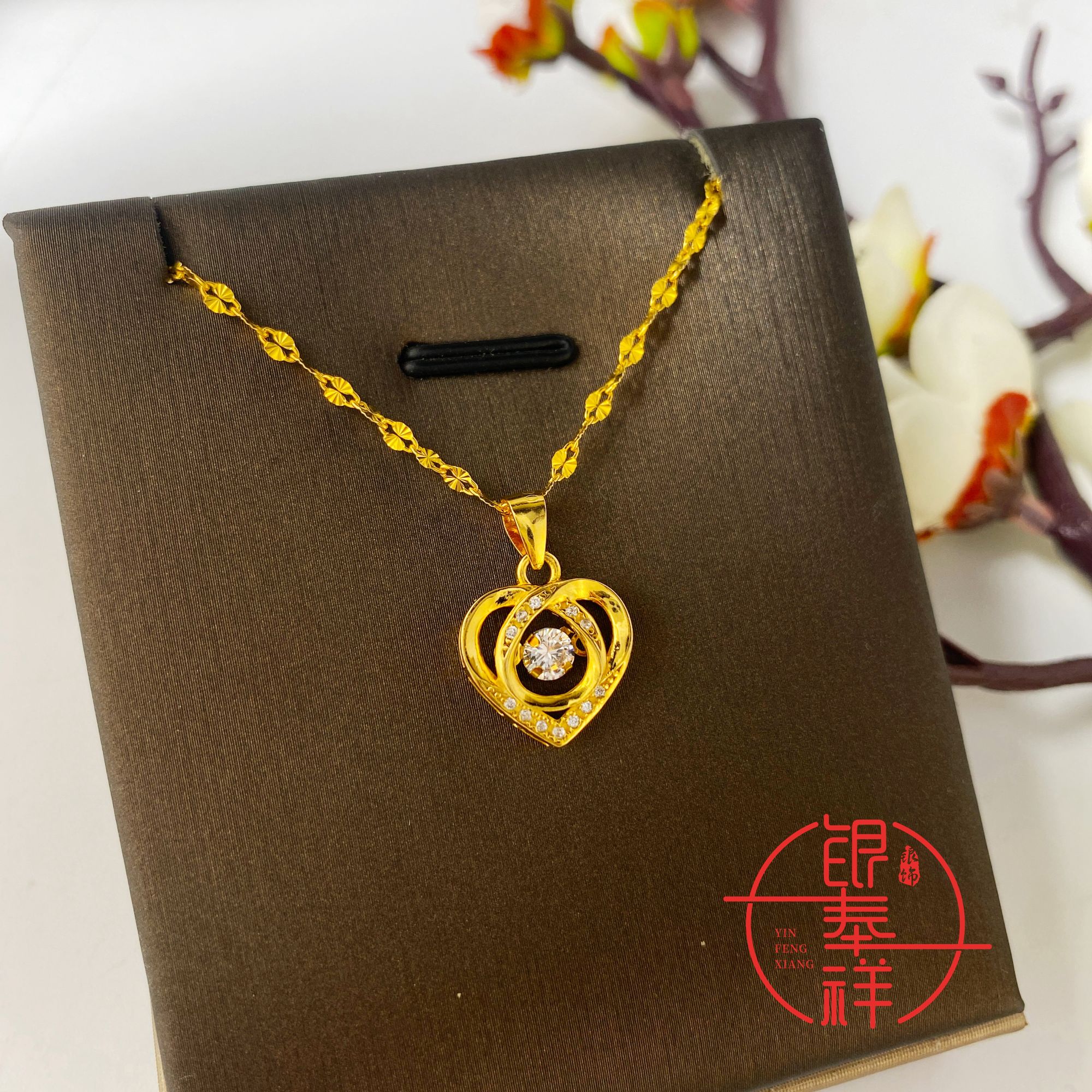 坠链均足银 黄色雪花链9999项链+灵动爱心吊坠素款精美气质时尚