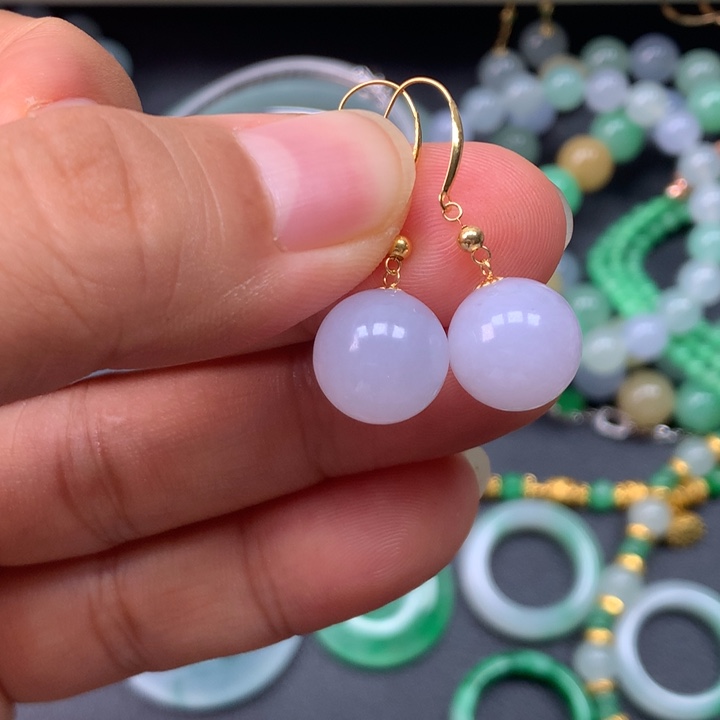 越***梅翡翠18K金镶嵌耳饰珠子耳钩