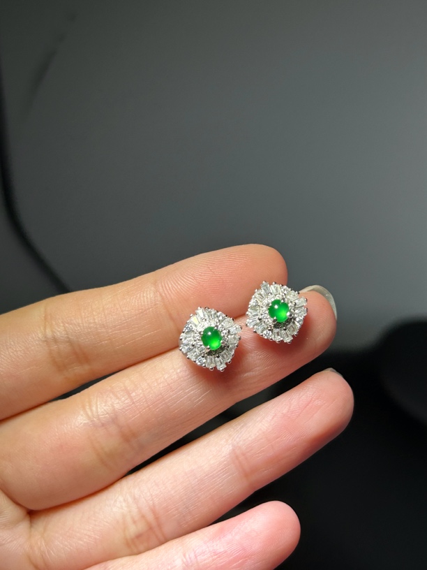 顺顺翡翠珠宝天然翡翠A货绿蛋耳钉