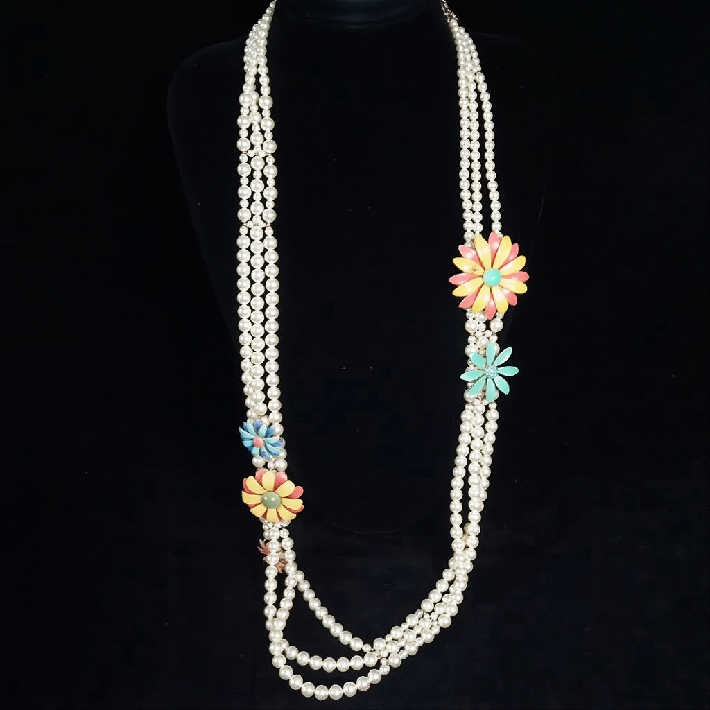 Chanel 古巴珐琅花朵三层珍珠项链