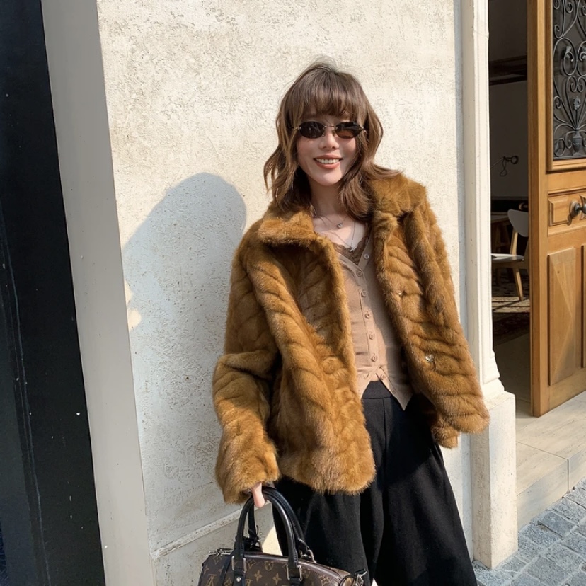 【甜心家】韩版女王环保金叶毛毛可翻可立领气质短款外套