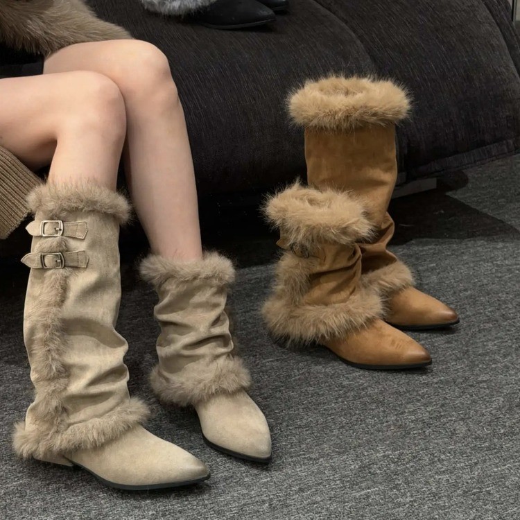 2025秋冬新款尖头时尚百搭时装女靴加绒加厚保暖尖头长筒靴