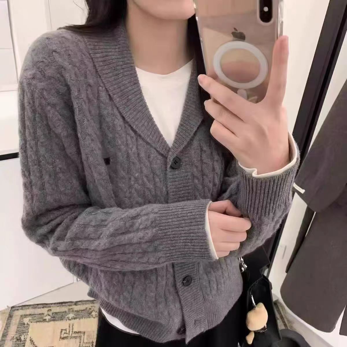 【小马刺绣-灰】麻花纹翻领开衫毛衣女宽松显瘦针织衫外套