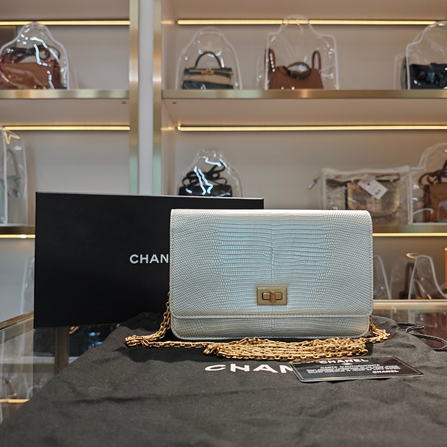 99新 Chanel/香奈儿 珍珠白蜥蜴皮woc2.55金扣链条单肩包 14426