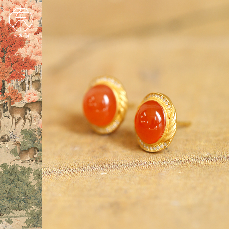 东方俪DOFUNLY【朱宛序】天然南红蛋面气质简约18K金耳钉NHED漱玉