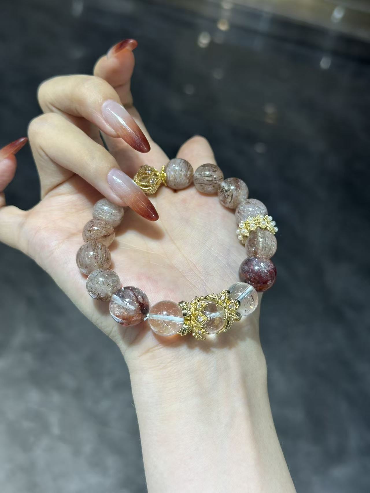 【笑笑专属】 财源广进黑金超 红胶花白阿塞水晶手串