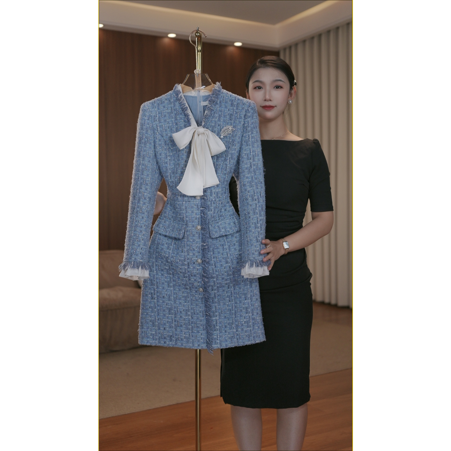 【蒂妮佳】2301品牌女装高贵气质显瘦长袖连衣裙