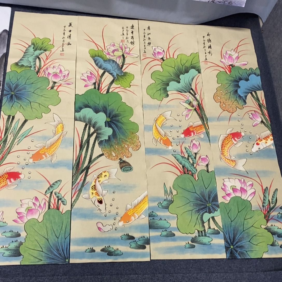 国画尺寸140✖️35精品工笔手绘荷花鱼