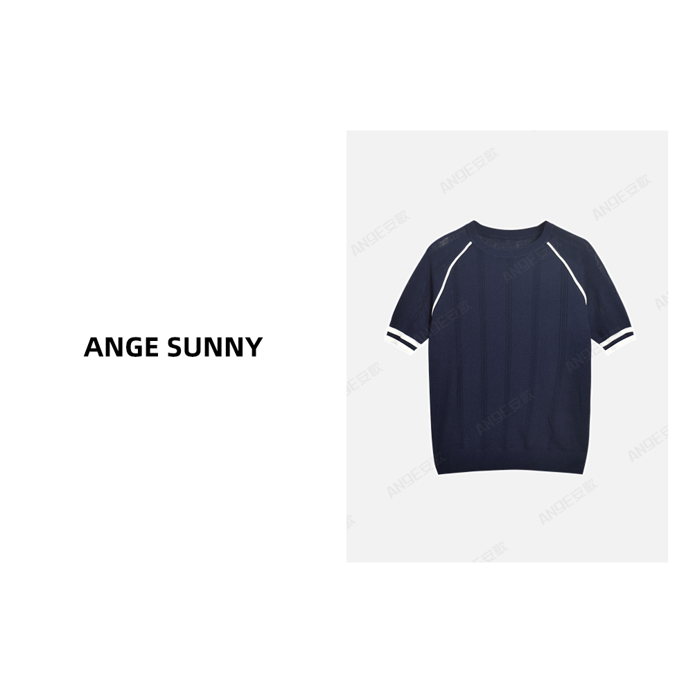 ANGE SUNNY【白线条圆领针织衫】小m*u 字母刺绣针织短袖上衣