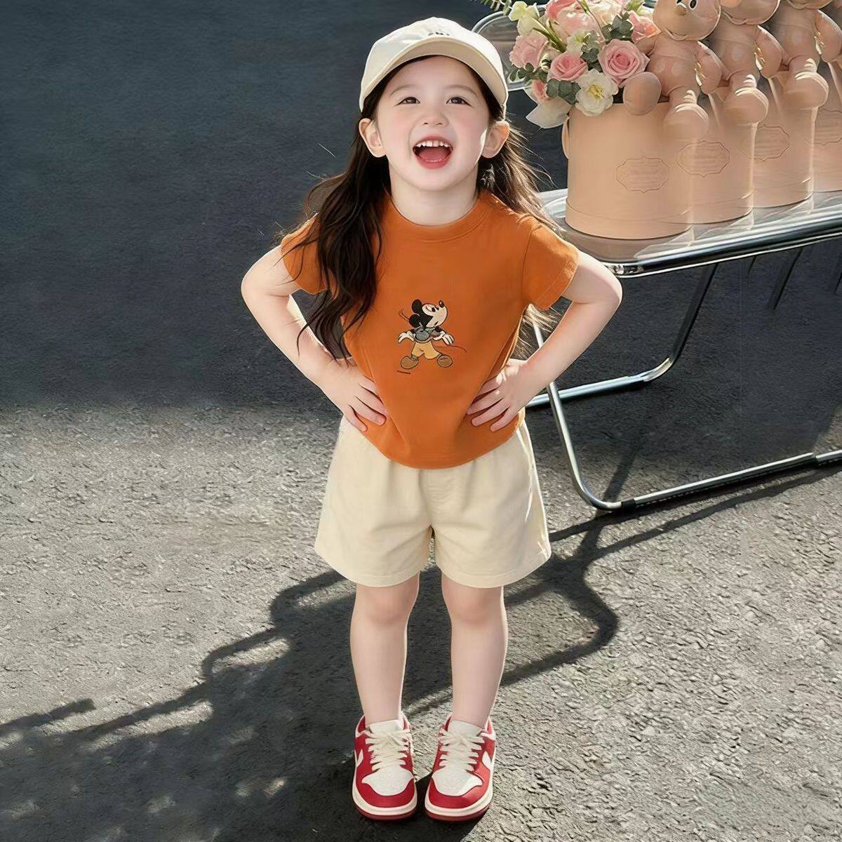 女童夏装套装2026新款夏季儿童洋气韩系米奇卡通短袖短裤两件套