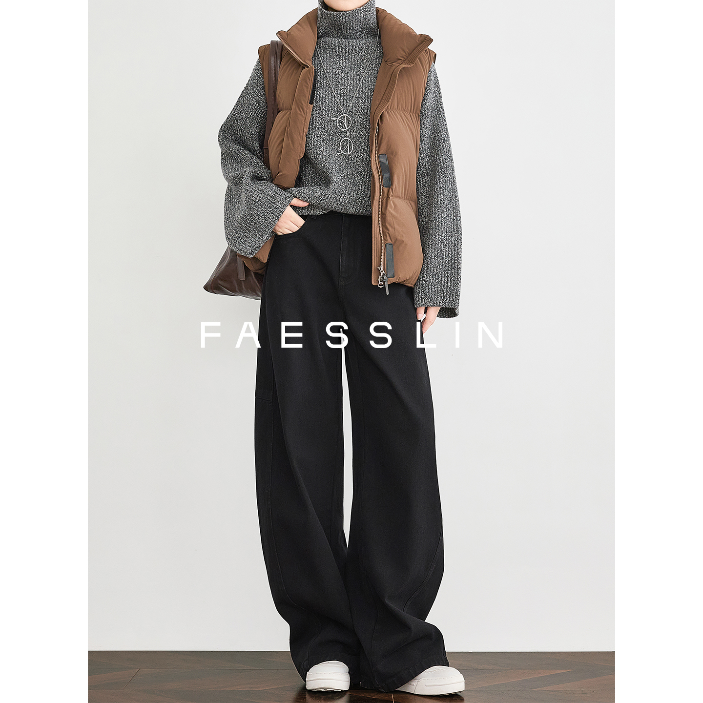 FAESSLIN【经典重塑】棉质黑色牛仔裤加绒加厚弯刀阔腿裤女 | 5606