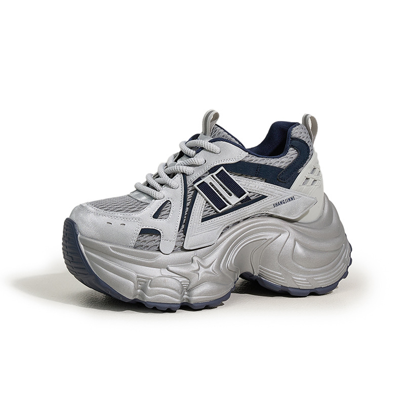 【伊卡登】10公分厚底老爹鞋女2025秋冬新款百搭透气网面鞋子内增高