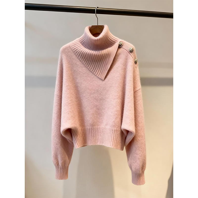 毛衣女款2025新款独特超好看时髦洋气收腰法式高领粉色针织上衣女