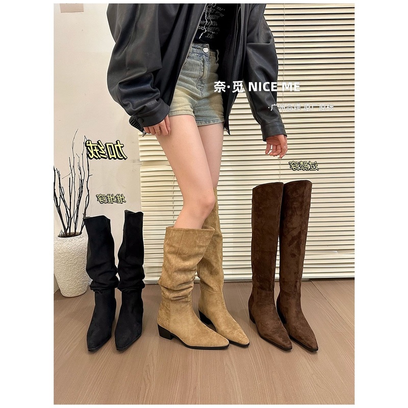 【千金】NICE ME~4.5cm气质绒面两穿粗跟堆堆靴女秋冬加绒过膝长靴~