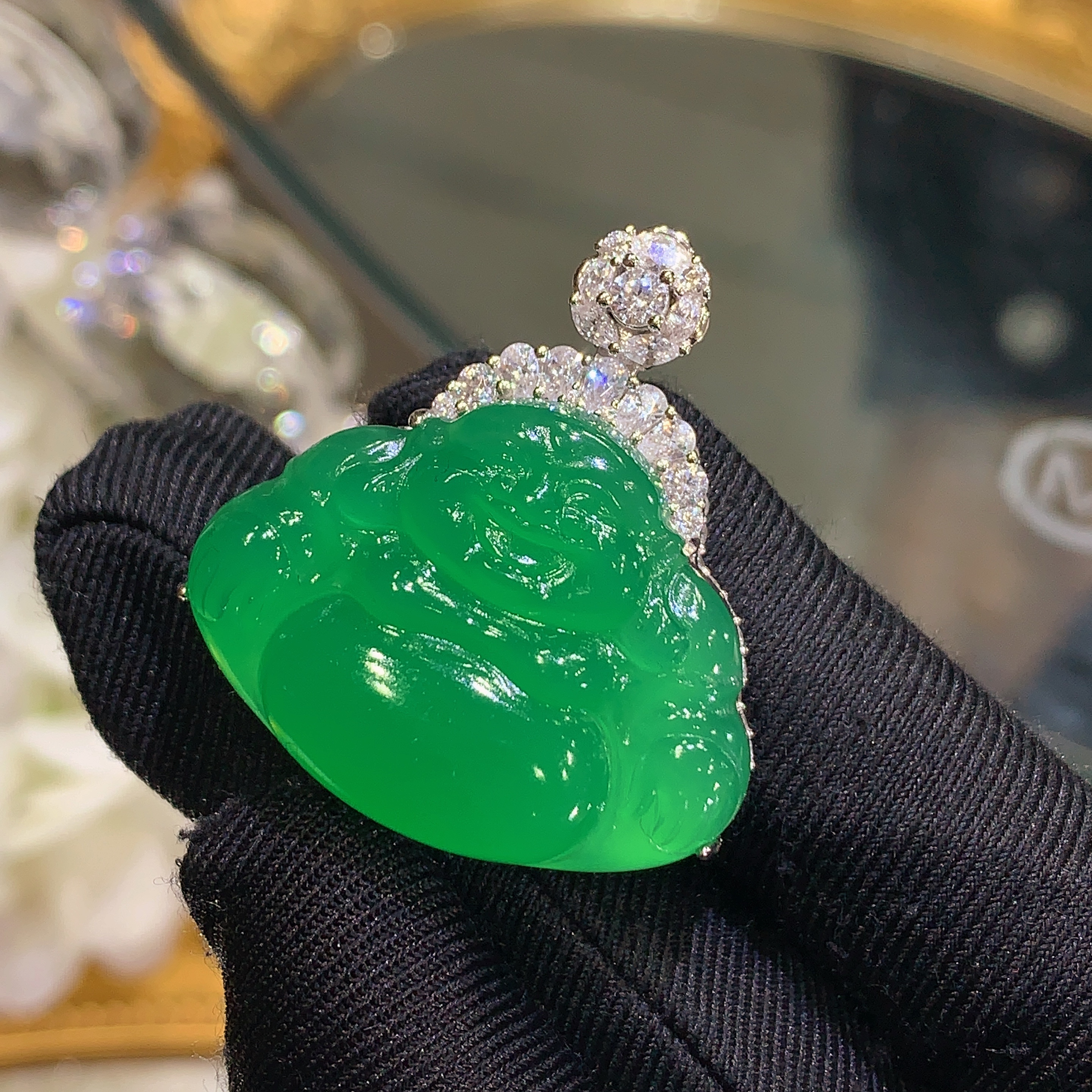 S925银镶嵌天然绿玉髓佛公吊坠小众时尚百搭款挂件春夏季情侣款