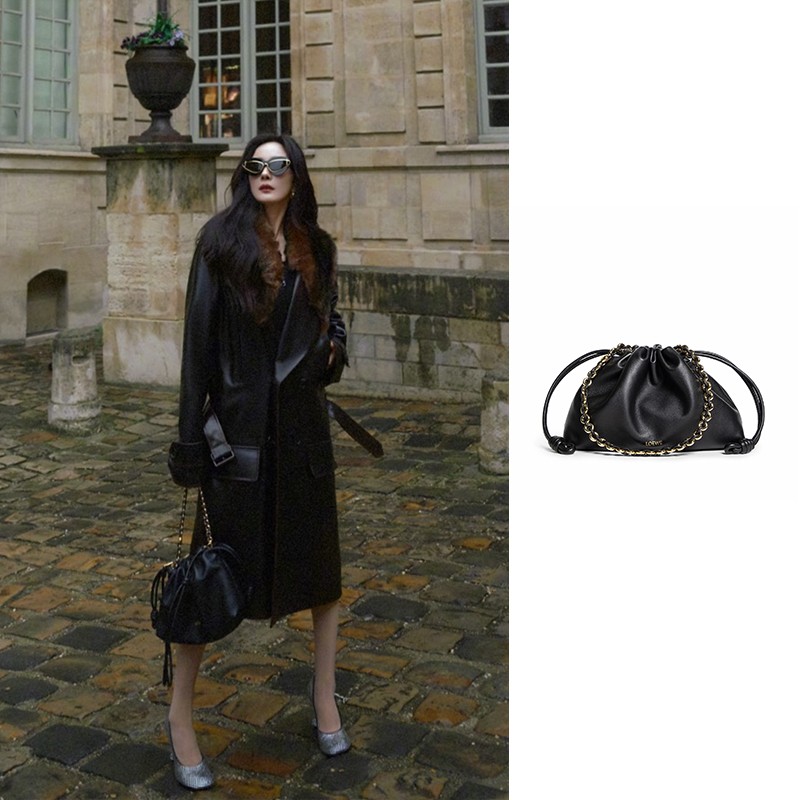 全新未使用 LOEWE/罗意威 中号黑色金链烧麦包flamenco Purse 