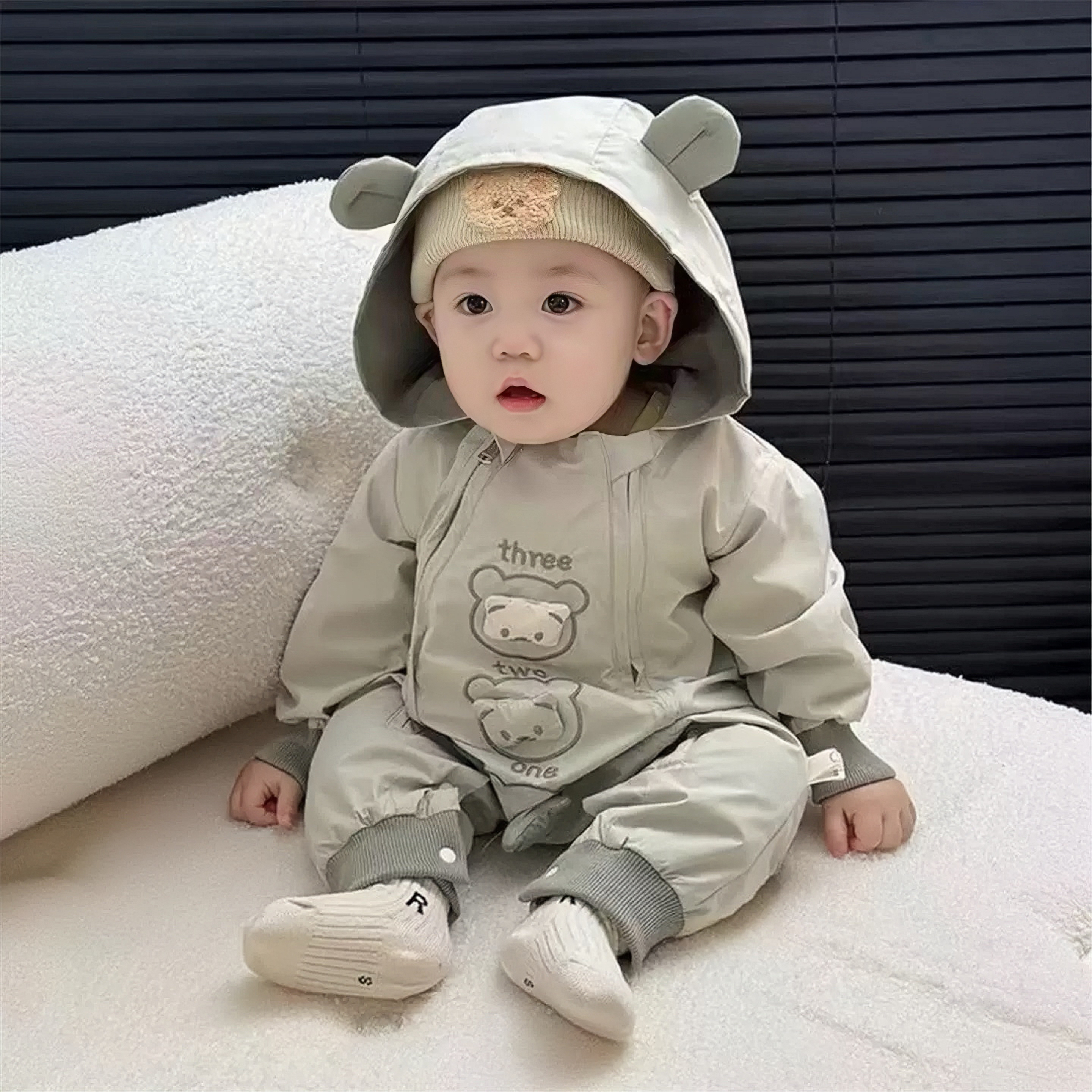 【三只熊连帽哈衣】婴儿春秋装双层连体衣宝宝可爱卡通哈衣外出服