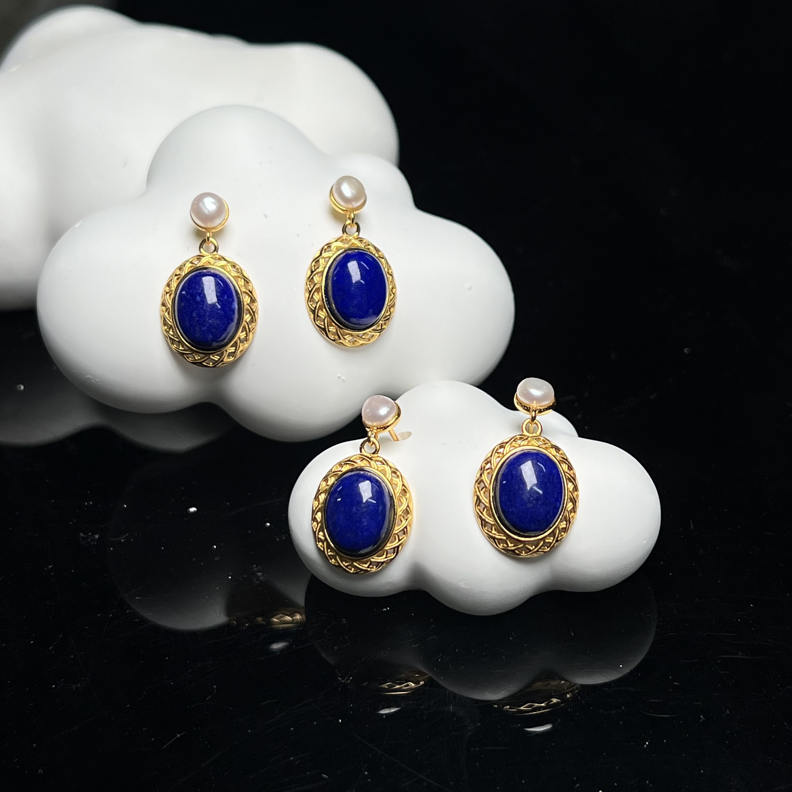 【北野珠宝】天然青金石蛋面耳钉B25H-137多样性发一10x8mm