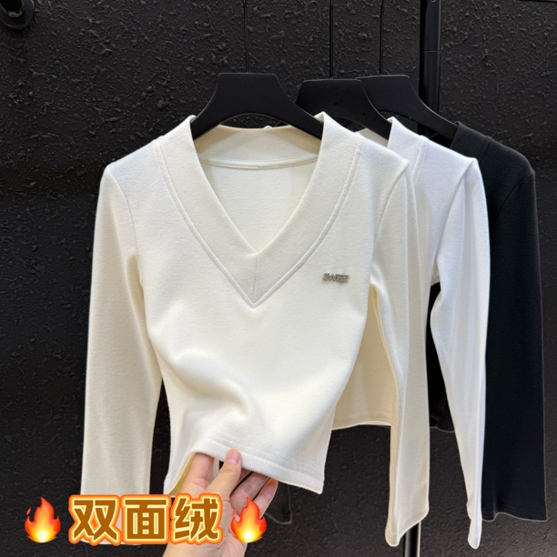 V领钻露锁骨短款打底衫女冬季韩版修身显瘦加绒长袖T恤上衣8353#