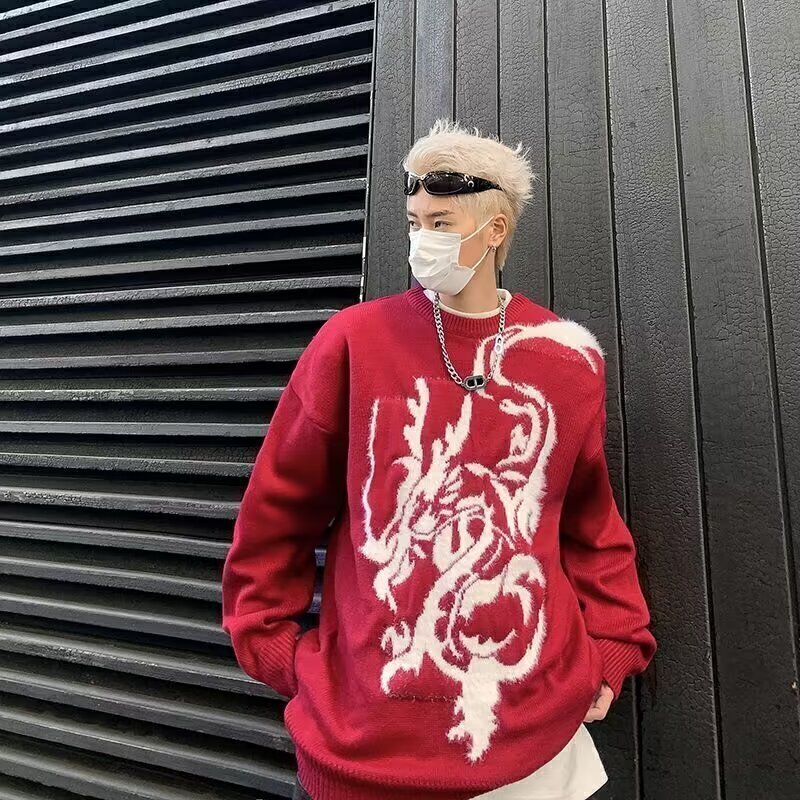 BY-5663秋冬季圆领毛衣男女潮牌宽松百搭情侣慵懒风针织衫上衣潮