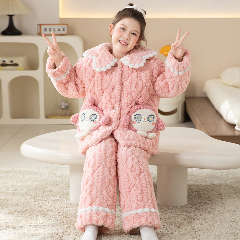 YUZHAOLIN/俞兆林甜美可外穿女童冬季珊瑚绒三层夹棉睡衣保暖套装