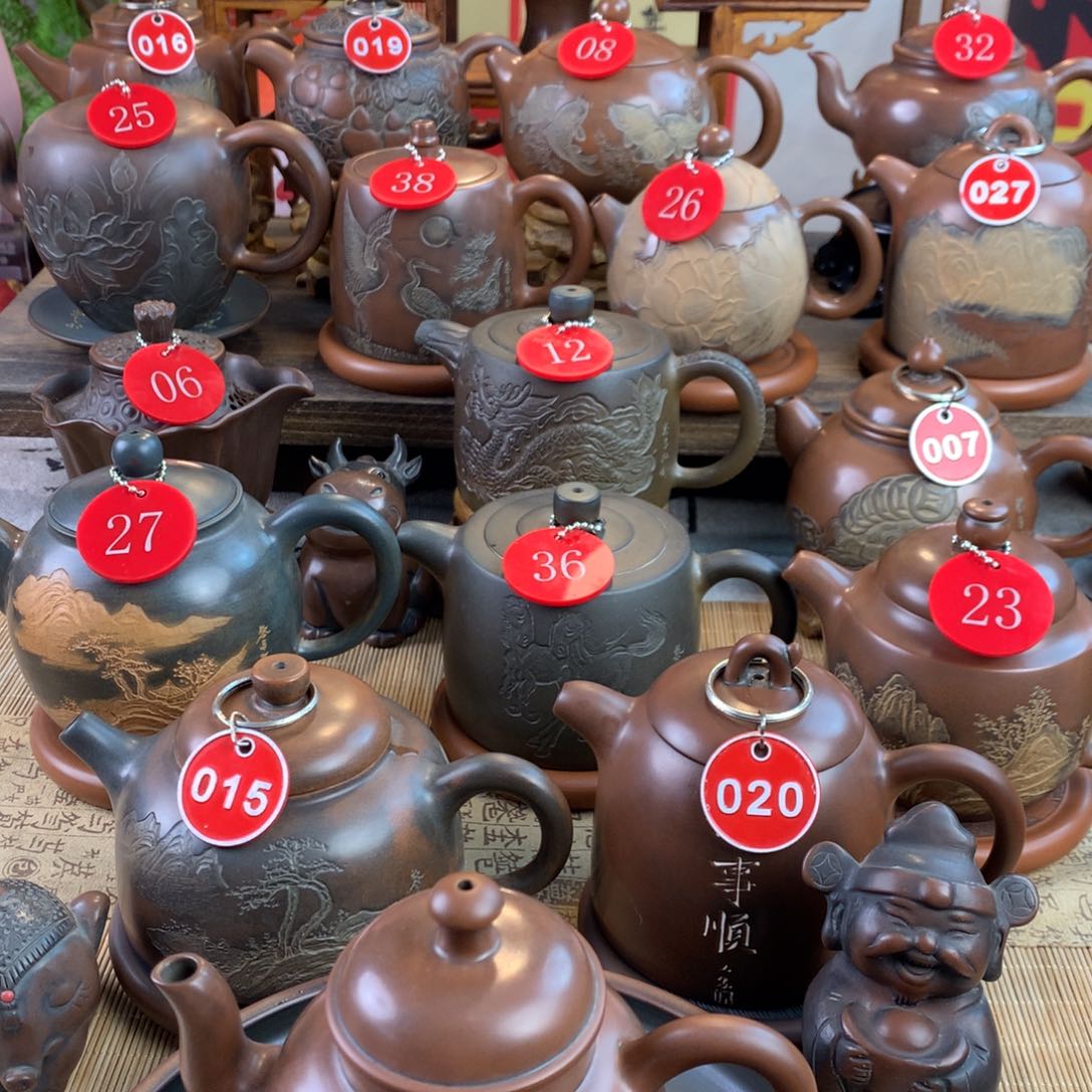 禧*~坭兴陶手工刻绘宫灯壶