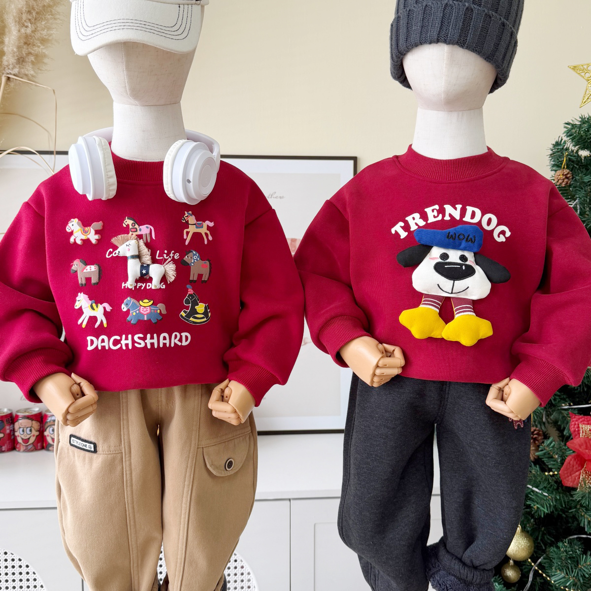 【秋冬加绒】新款儿童卫衣刺绣小马年红色男女童装宝宝洋气冬季上衣