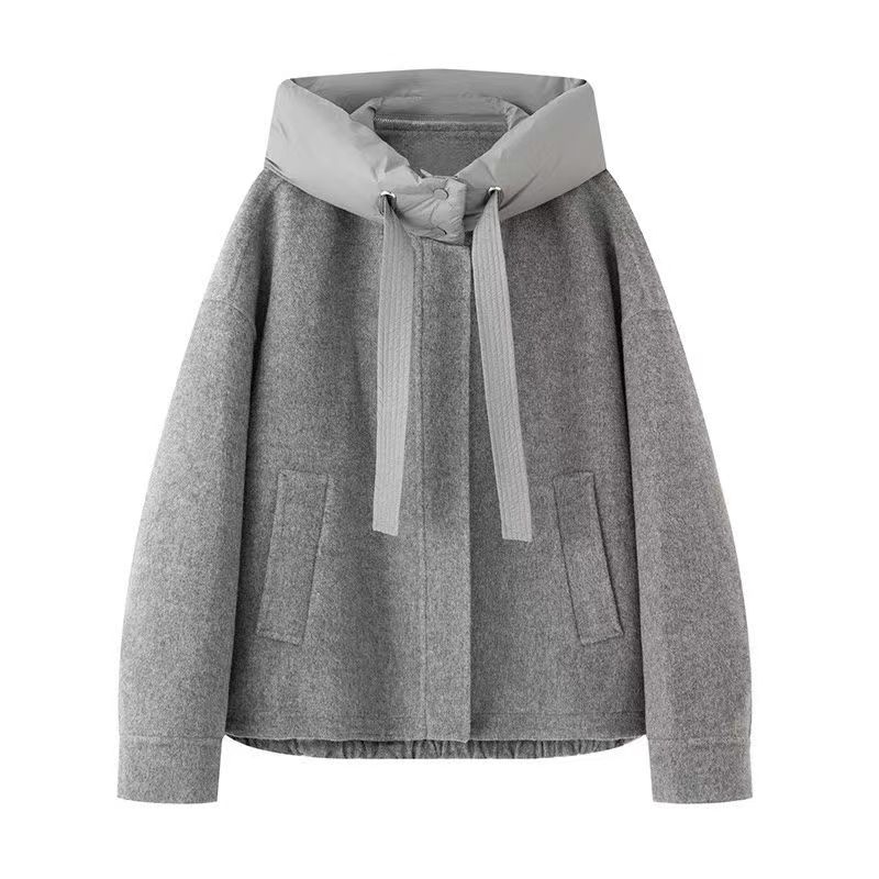 艾家新款连帽毛呢外套秋季女式双面呢夹克外套秋冬时尚加厚3023