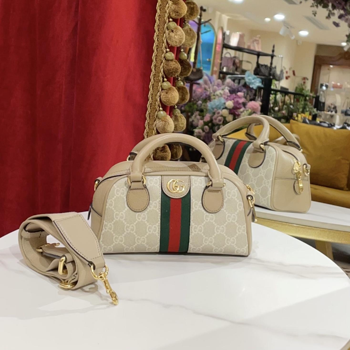 95新 GUCCI/古驰 波士顿mini燕麦色老花金扣单肩包25688070