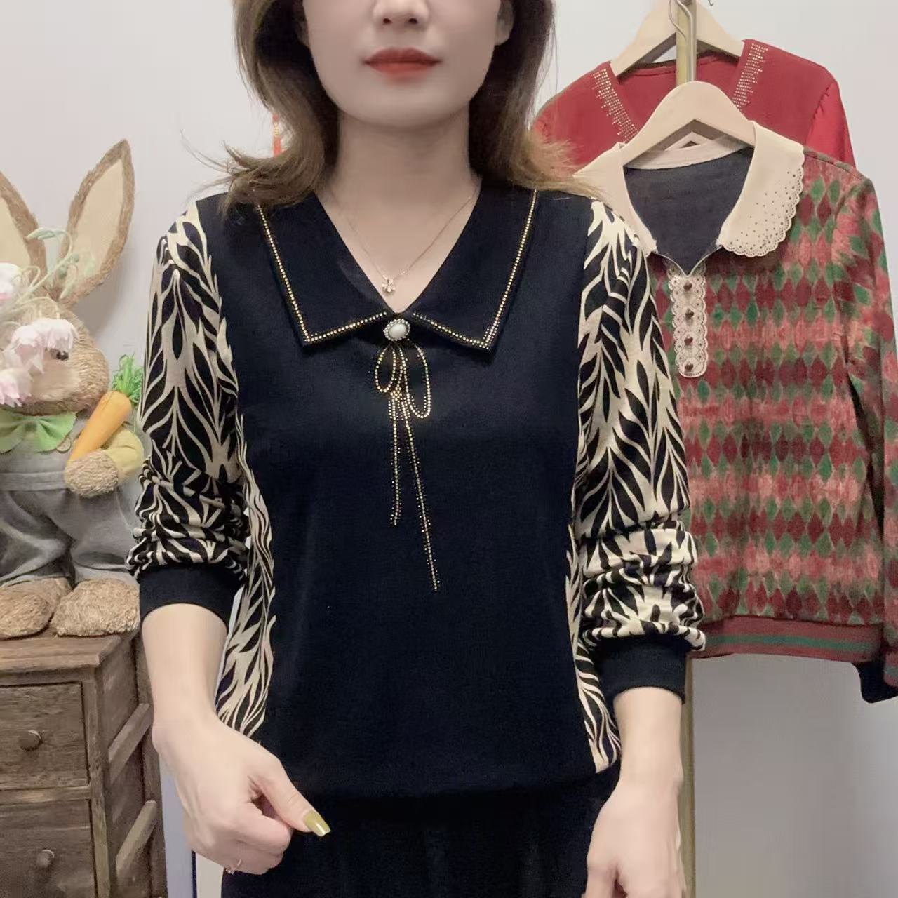 【丽姐家】春秋款妈妈装翻领长袖时尚洋气宽松百搭女士上衣