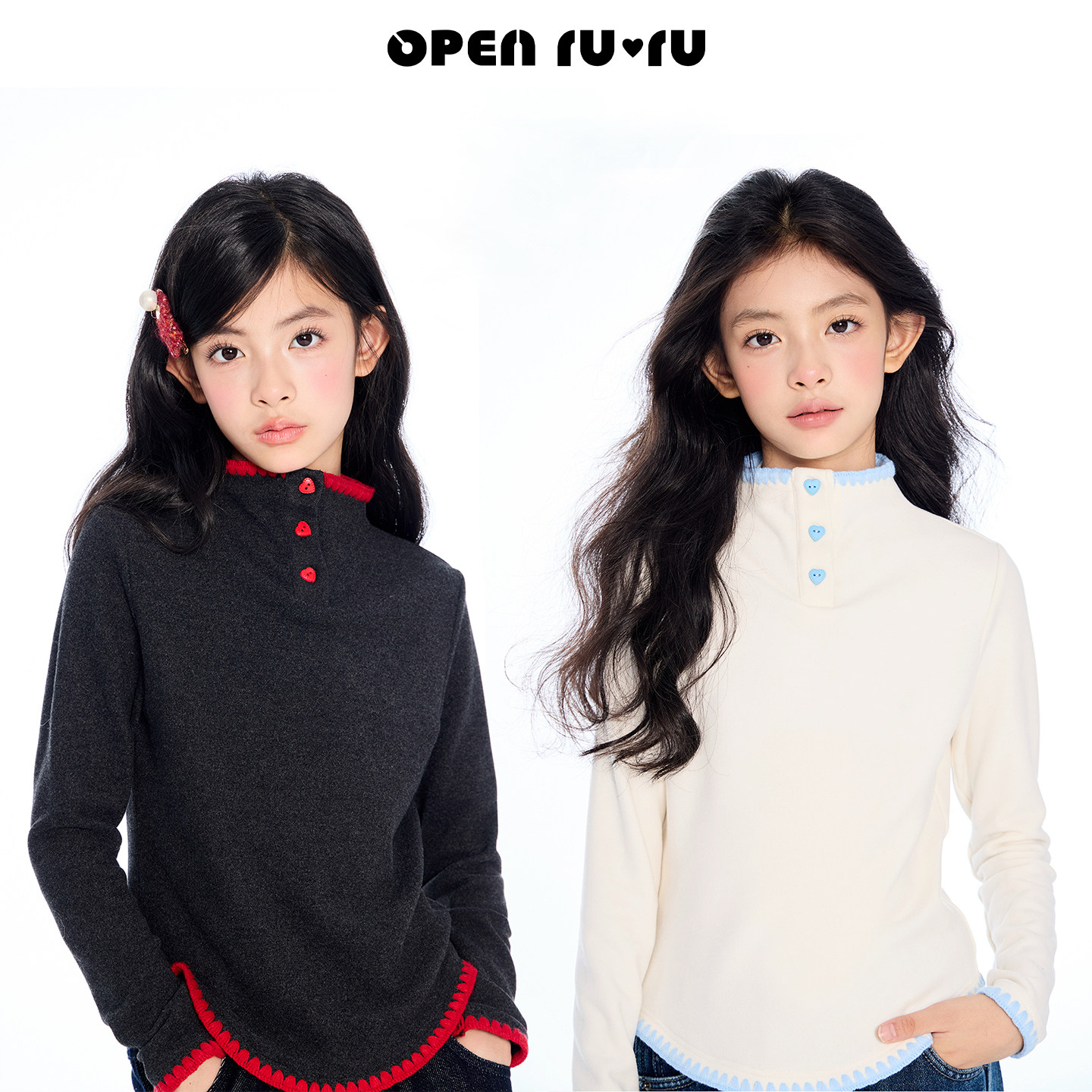 Opennunu女童撞色贝壳绣半高领打底衫中大童软糯亲肤保暖修身上衣