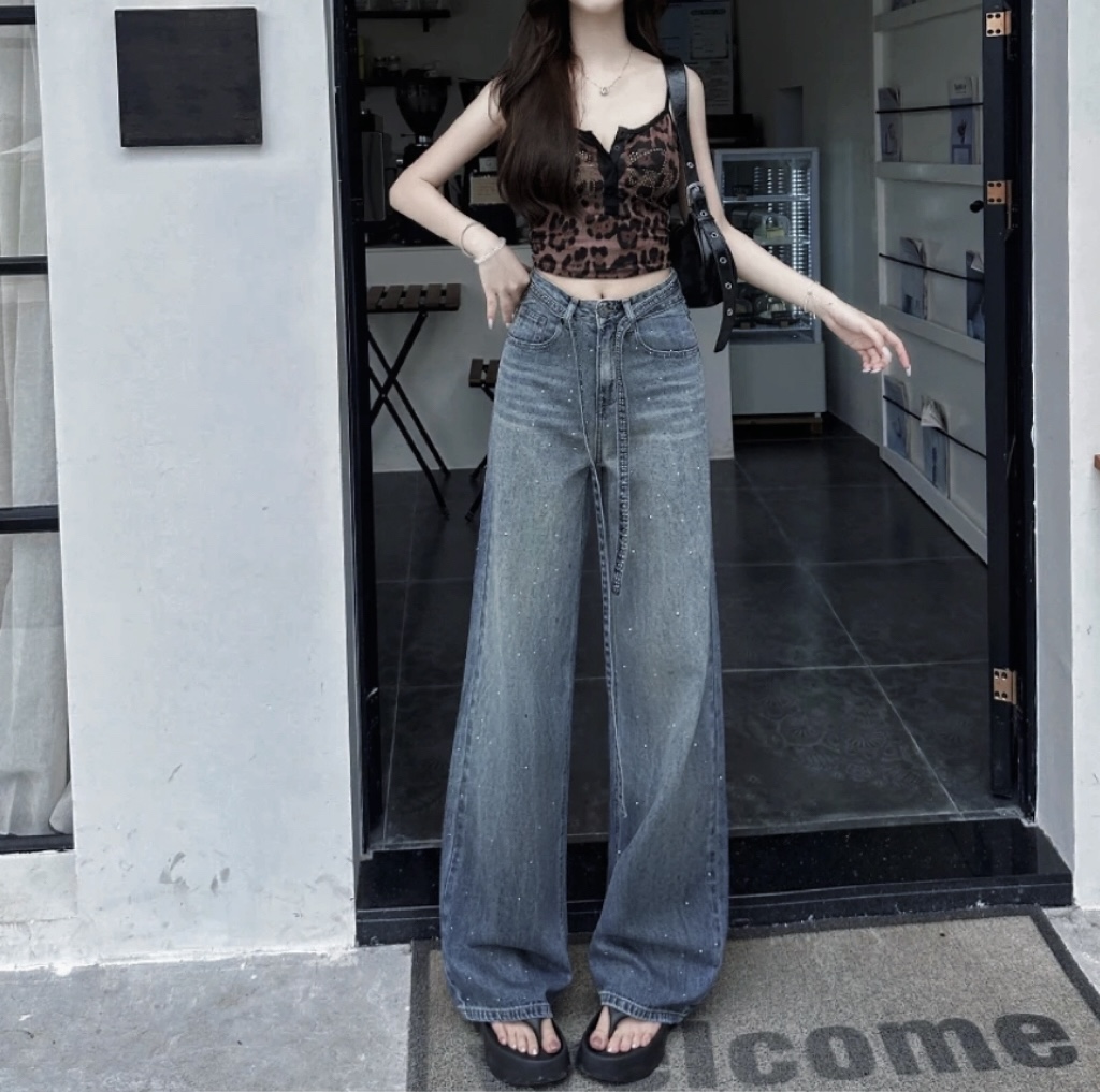 【运费险+腰带】满天星渐变色烫钻冬季新款休闲宽松阔腿女牛仔裤505