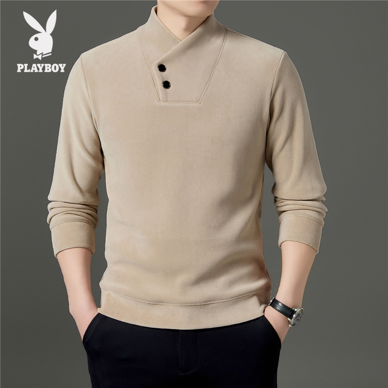 花花公子卫衣男士冬季新款加绒加厚德绒打底衫休闲百搭v领长袖t恤