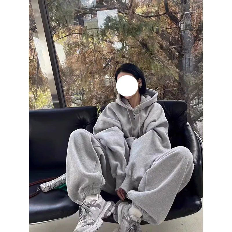 春秋印花连帽卫衣阔腿裤两件套跑步纯棉港风复古炸街运动服套装女