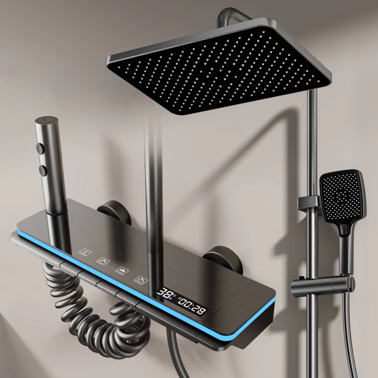 【豪华版】卫生间智能数显增压淋浴花洒套装枪灰氛围灯家用花洒