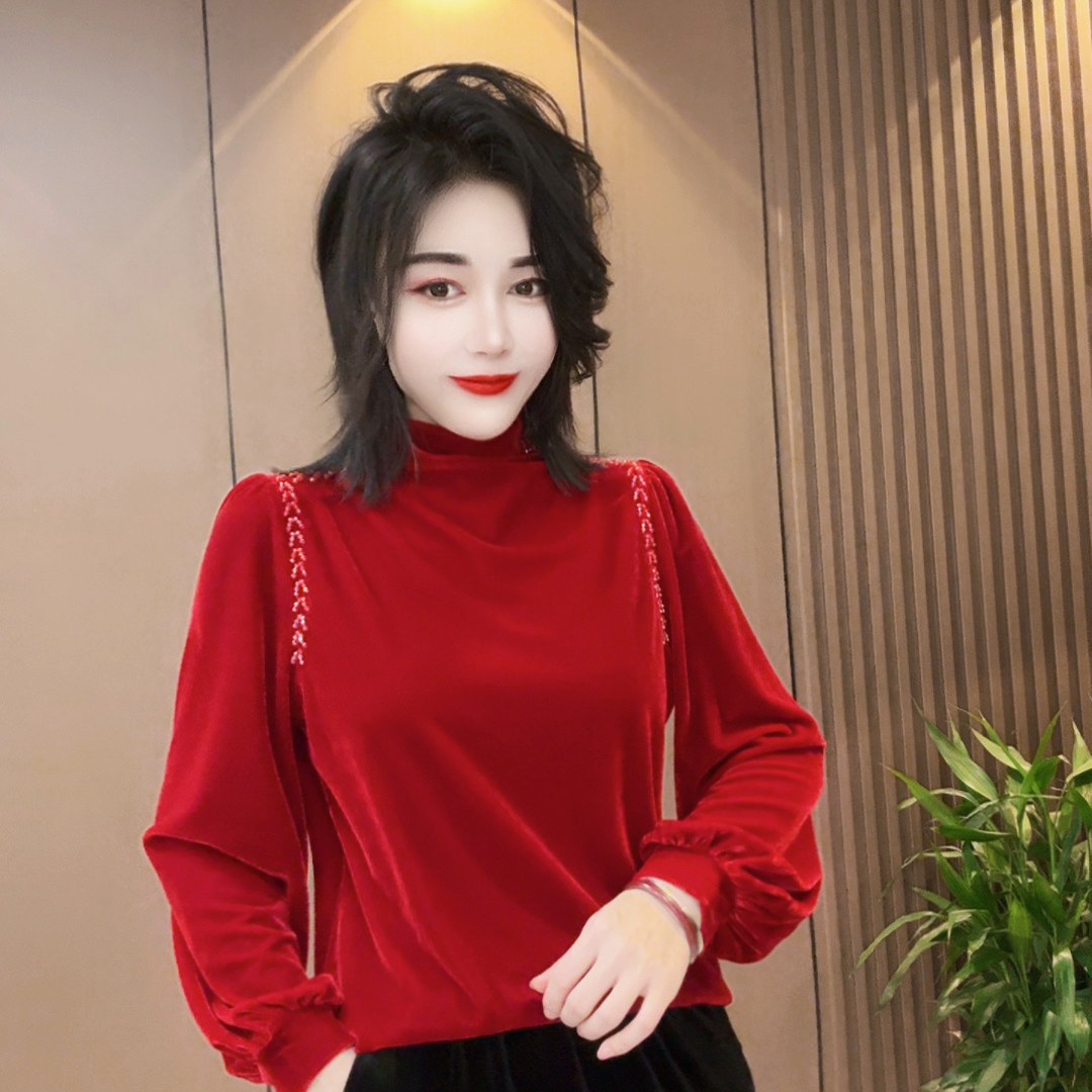 时尚串珠立领百搭丝绒衫上衣666