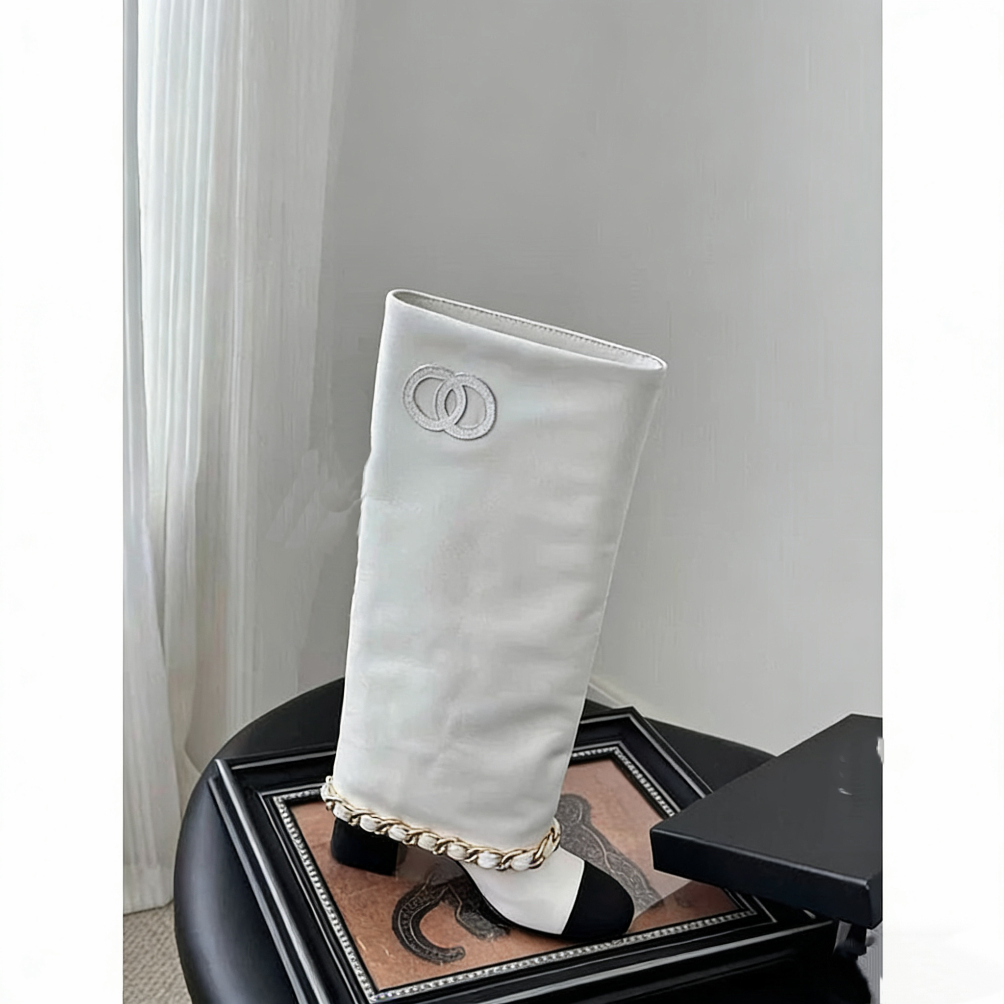 小香风时装靴时髦链条宽筒靴女百搭长筒裤管靴