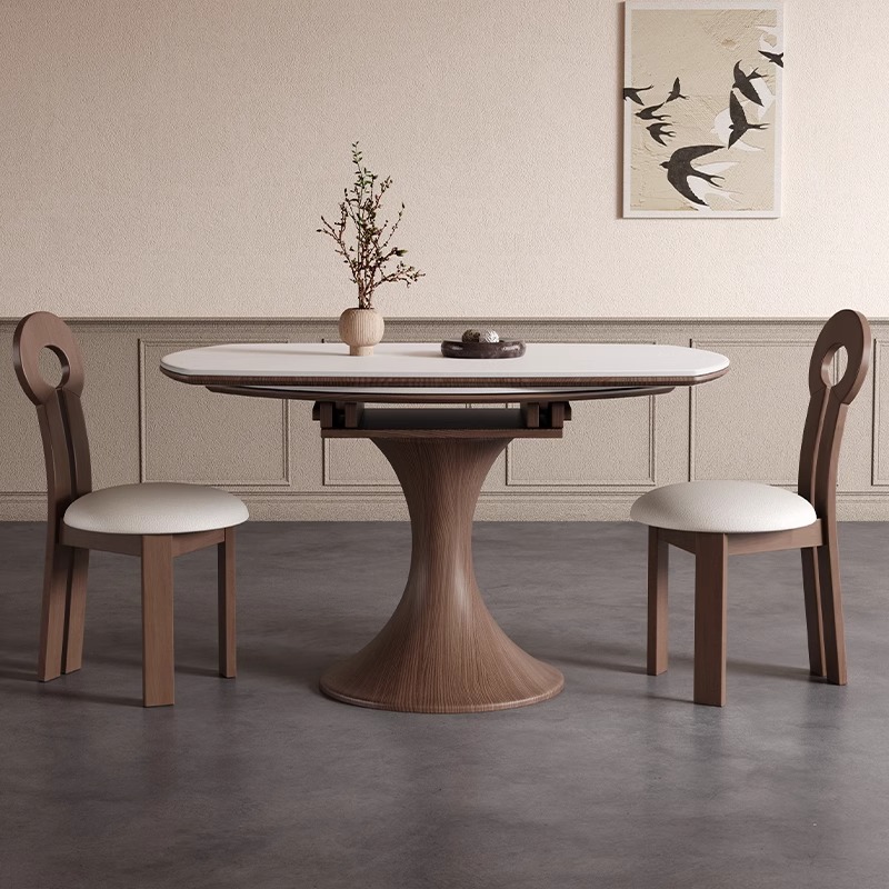 中古风岩板实木餐桌椅子家用小户型轻奢法式伸缩折叠方圆两用桌子