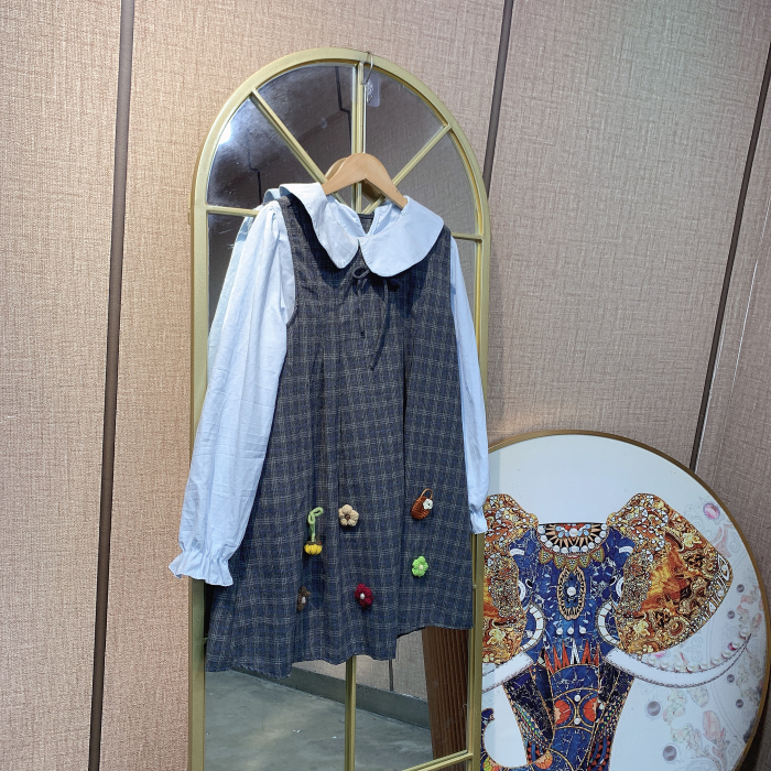 BT376孕妇灰色格子背心裙两件套90-140微瑕