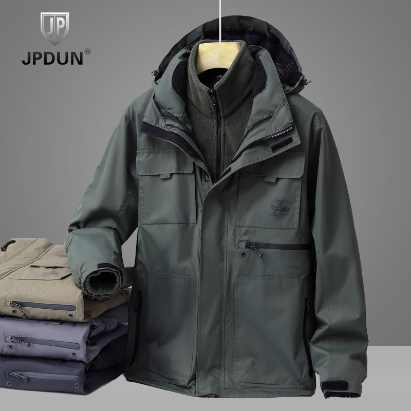  JPDUN防风保暖风衣男士秋冬季抓绒内胆多袋可拆卸防水登山服外套
