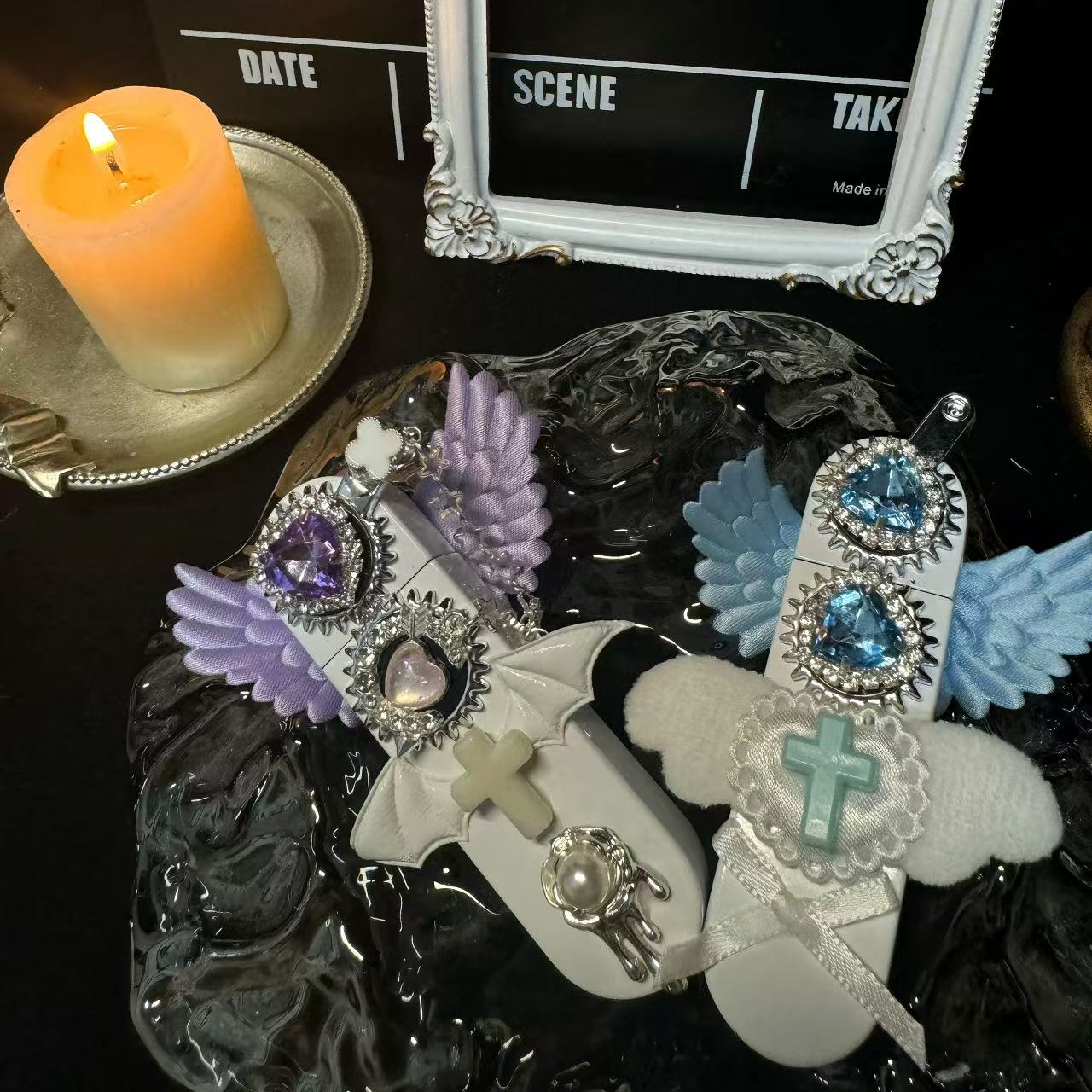 “械爱福音”地雷系y2k风格天使之翼纯白齿轮打火机蓝瞳羽翼打火机