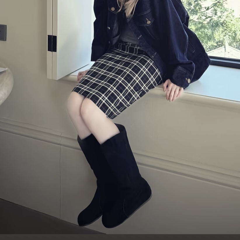 堆堆靴复古小众卡其色长靴法式女靴子秋冬厚底高筒靴骑士靴西部