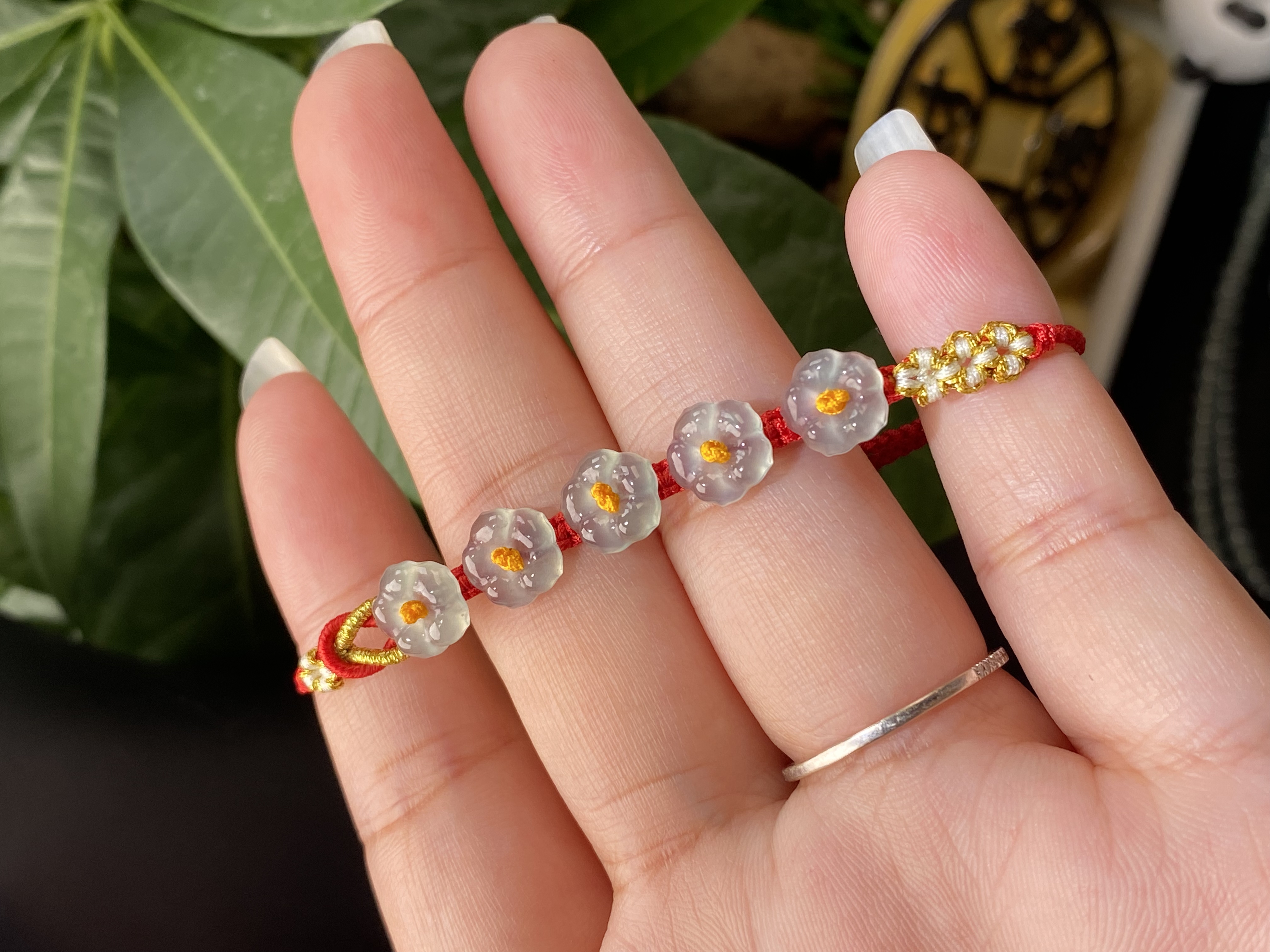 纯天然A货翡翠冰种有钱花五福临门幸运红绳本命年