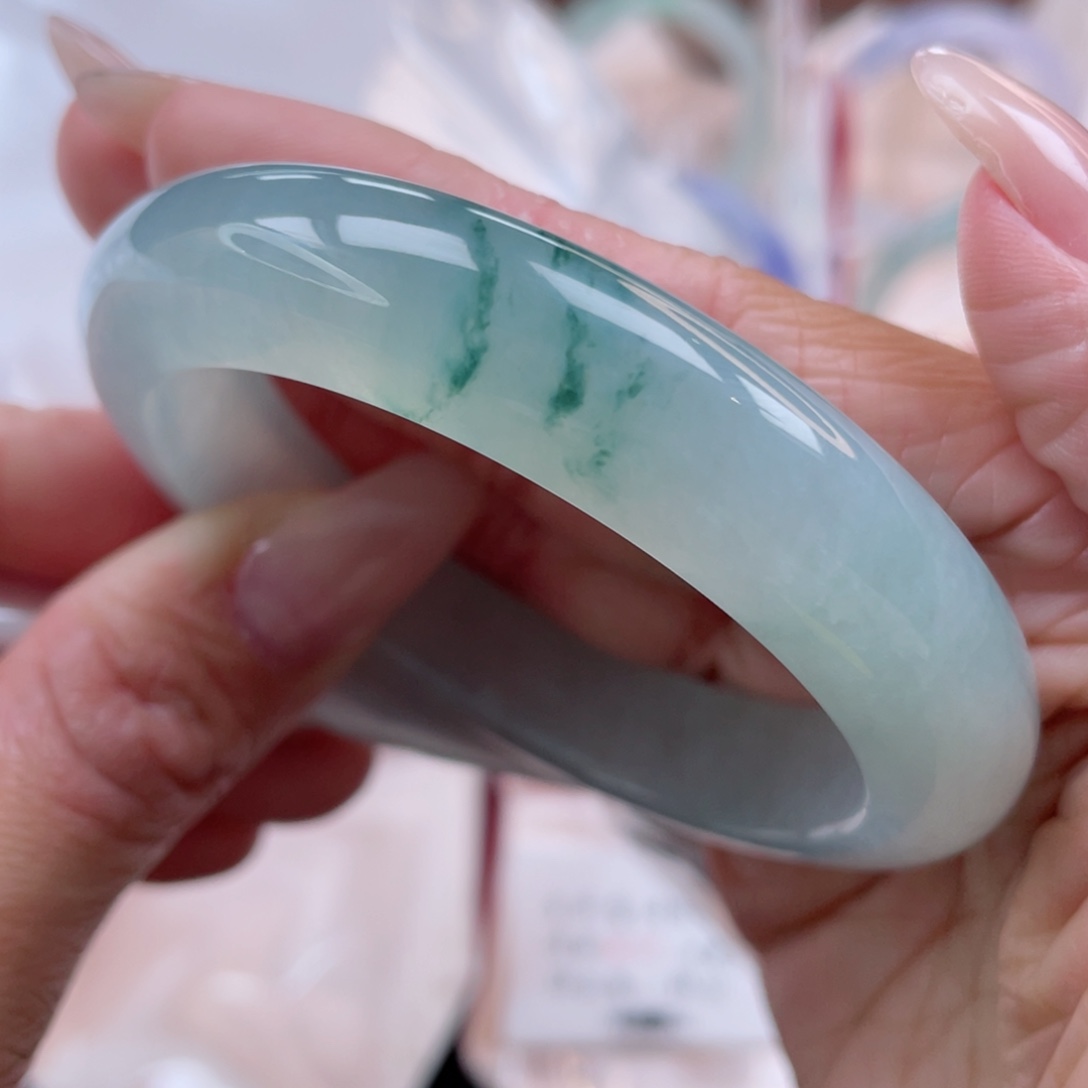 未镶嵌手镯翡翠56.3圈 冰胶晴水绿 碧波荡漾 34号