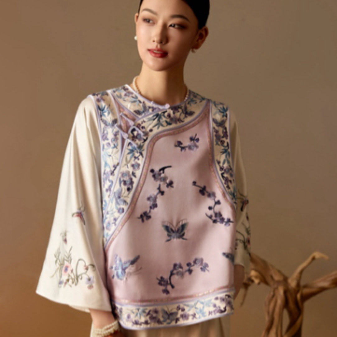 娇古苏绣工厂清凝马甲中国风斜襟短款纯手工刺绣新中式复古上衣