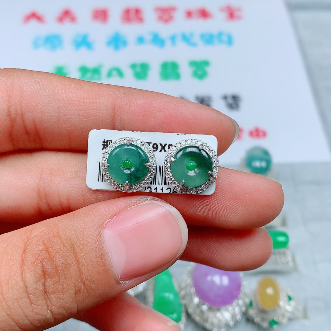 翡翠银S925镶嵌耳钉137号