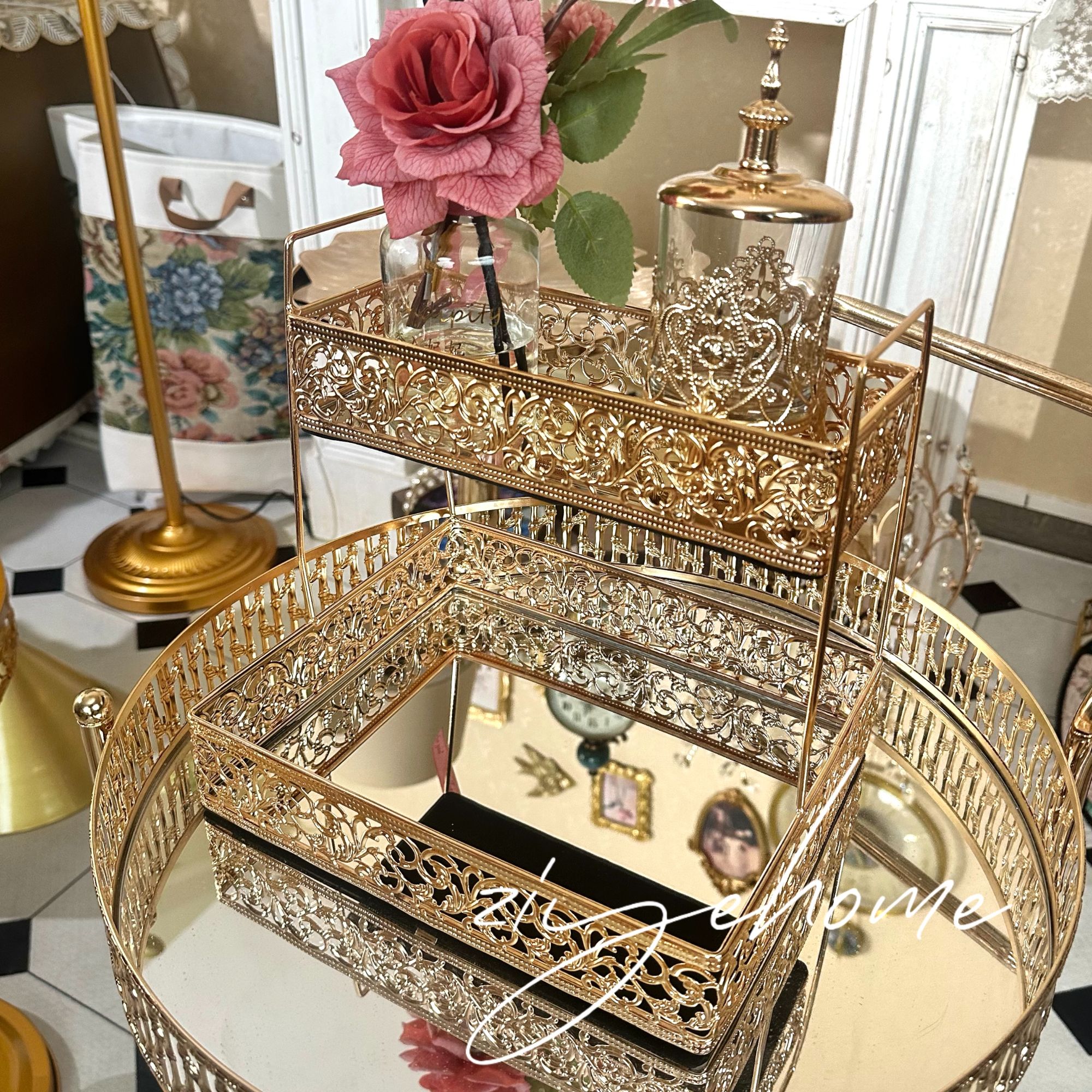 轻奢镜面玻璃双层置物架入户玄关钥匙收纳卧室桌面化妆品收纳架